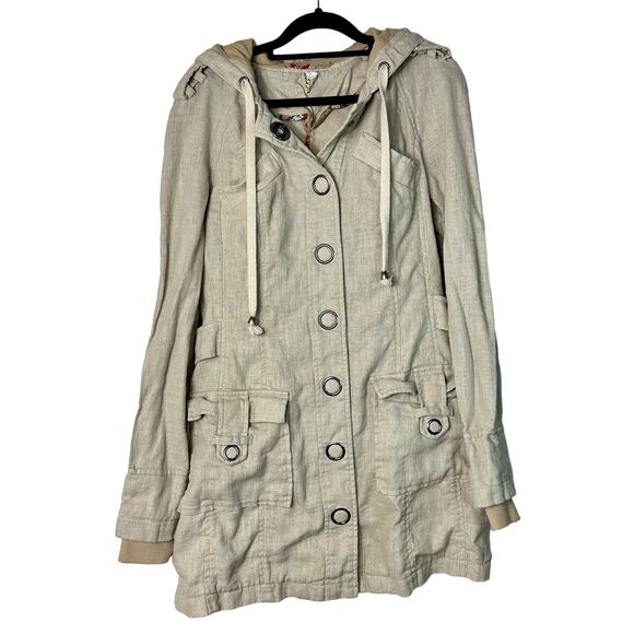 Free People Tan Jacket Y2K Hooded 100% Ramie Anorak Parka Snap Beige 12 - Picture 1 of 10